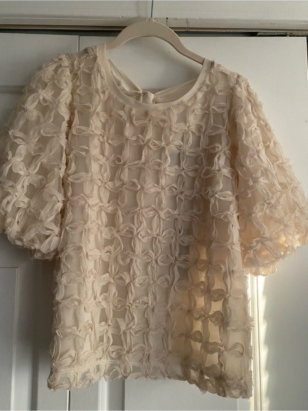 Anthropologie Cream Textured Puff-Sleeve Blouse